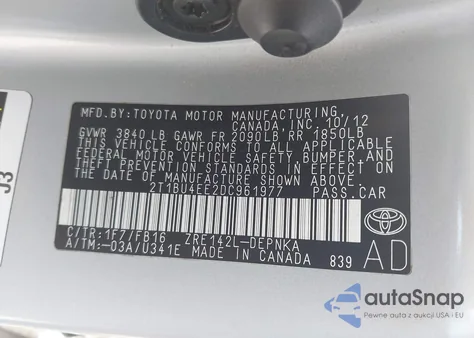 2013 Toyota Corolla Le из США, поврежденный, VIN 2T1BU4EE2DC961977